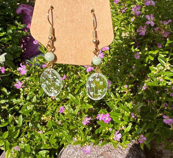 Gold dangle earrings, green matte aventurine bead, real dried pressed floral jewelry, botanical jewelry, hand crafted, unique gift