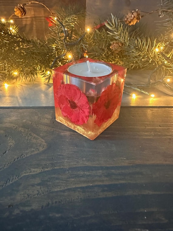 Handmade Pressed Red Flower Tea Light Holder | Floral Resin Candle Votive | Botanical Home Decor | Gift for Her