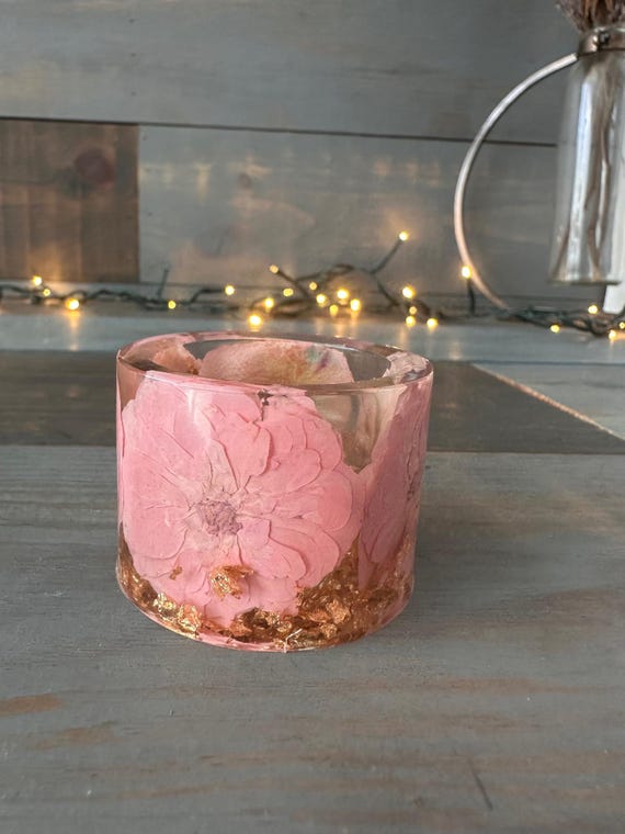 Real dried pressed pink roses, unique tea light holder, handmade candle holder, warm gold accent, any occasion gift idea