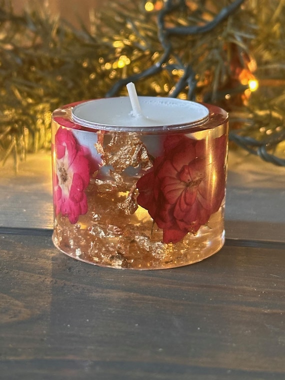 Handmade Pressed Red Flower Tea Light Holder | Floral Resin Candle Votive | Botanical Home Decor | Gift for Her