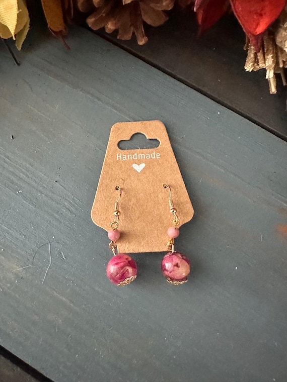 Pressed Rose Petal Dangle Earrings • 18k Gold Plated • Rhodonite Bead Jewelry • Botanical Earrings • Romantic Gift