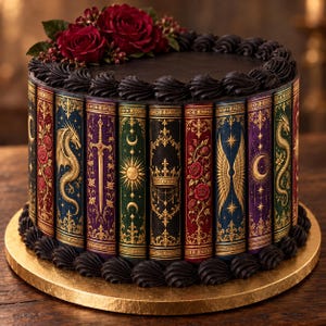 May include: A round cake decorated with edible images of book spines featuring gold foil-style illustrations of dragons, swords, crowns, and celestial motifs. The top is adorned with dark red roses and black piped frosting borders.