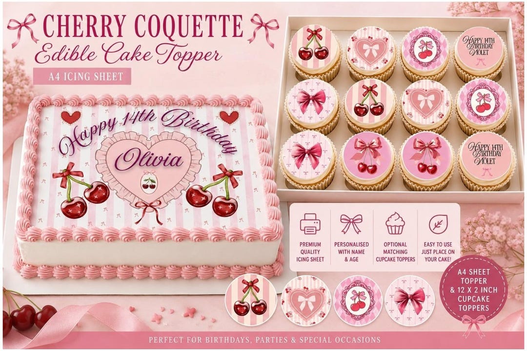 Cherry Coquette Edible Cake Topper A4 Icing Sheet & Optional 12 Cupcake ...