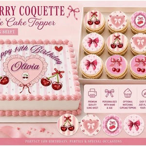 Può includere: Un topper per torta commestibile rosa e cupcake con disegni di ciliegie e fiocchi. Il topper per torta ha il testo "Happy 14th Birthday Olivia". I cupcake sono in una scatola. L'immagine include anche il testo "Cherry Coquette Edible Cake Topper".