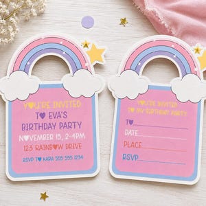 May include: Two die-cut birthday party invitations shaped like a rainbow with clouds. The pink cards feature a rainbow arch, yellow stars, and text including 'You're invited to Eva's birthday party' with date, time, address, and RSVP details.