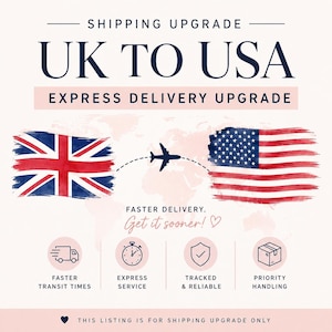 May include: A graphic featuring the text SHIPPING UPGRADE UK TO USA EXPRESS DELIVERY UPGRADE. It displays watercolor-style flags of the United Kingdom and the United States connected by a dashed line with a small airplane icon. Four circular icons represent faster transit times, express service, tracked and reliable delivery, and priority handling.