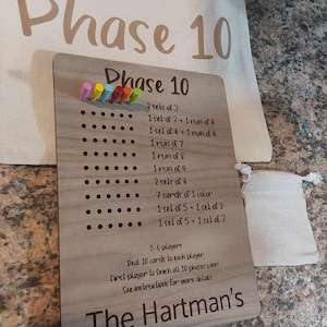 Personalized Phase 10 Scoreboard with Pegs & Storage Bag