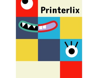 May include: A colourful abstract design with a blue, green and purple mouth, a black eye with a white pupil, and the text "Printerlix" in black letters on a yellow background.