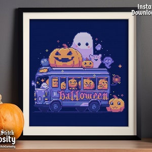 Halloween Cross Stitch Pattern Pdf "Halloween Bus" Manga Anime Cross Stitch Chart Easy Cross Stitch Instant Download Pattern Keeper