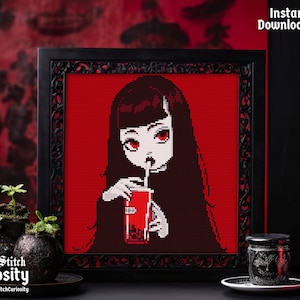 May include: Cross stitch pattern of a girl with long black hair and red eyes drinking from a red cup with a straw. The pattern is framed in black and set against a red background. The image includes the text "Cross Stitch Curiosity" and "@CrossStitchCuriosity".