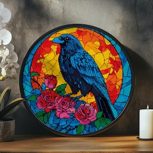 Gothic Stained Glass Cross Stitch PDF Pattern &quot;Raven&#39;s Rosy Reverie&quot; - Modern Cross Stitch Chart Instant Download Pdf Pattern Keeper