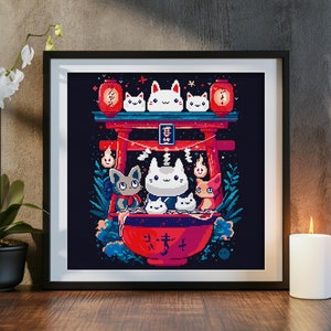 Japanese Cross Stitch Pattern Pdf &quot;Cats eating Haunted Ramen&quot; Manga Cross Stitch Chart Easy Cross Stitch Instant Download pdf Pattern Keeper