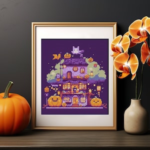Halloween-kruissteekpatroon pdf "Heksenboomhut" manga anime-kruissteekkaart kruissteek Instant Download patroonhouder