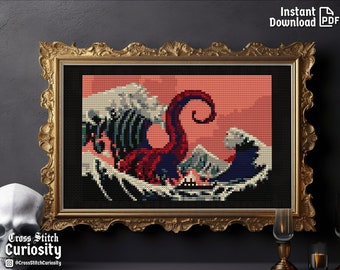 Mini patrón de punto de cruz en PDF "La gran ola de Kanagawa, Hokusai" - Obra maestra gótica de Halloween. Patrón de punto de cruz en PDF.