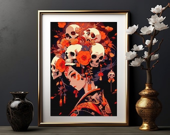 May include: Cross stitch pattern featuring a woman with a skull and flower headdress. The woman is wearing a traditional Japanese kimono with orange and black accents. The background is black.