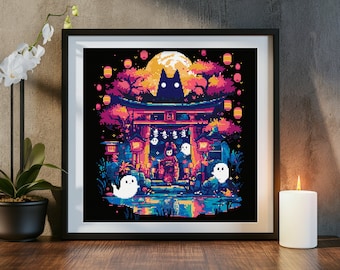 May include: A pixel art cross stitch pattern featuring a black cat, a girl in a red kimono, and three white ghosts in front of a Japanese temple with lanterns. The scene is set at night with a full moon and a dark blue sky.