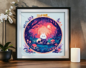 May include: A cross stitch pattern featuring a white bunny sitting in a dark forest with glowing mushrooms and skulls. The pattern is framed in a black frame and is ready to be stitched.