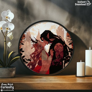 May include: Cross stitch pattern of a couple kissing in front of a castle. The man has dark hair and a pointed ear, while the woman has long blonde hair and a crown. The background is a hazy cityscape with a sunset sky.