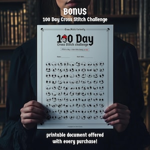 May include: A printable 100-day cross stitch challenge chart featuring a grid of 100 skull faces. The chart is titled "100 Day Cross Stitch Challenge" and includes instructions to "Stitch a day - Color the skull in red".