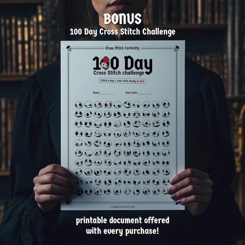 May include: A printable 100-day cross stitch challenge chart featuring a grid of 100 skull faces. The chart is titled "100 Day Cross Stitch Challenge" and includes instructions to "Stitch a day - Color the skull in red".