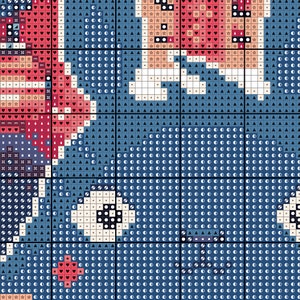 May include: A blue and red cross stitch pattern with white, black, and gray accents. The pattern features a variety of geometric shapes, including circles, triangles, and stars.