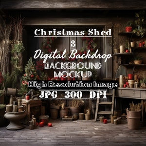 May include: A digital backdrop image of a rustic Christmas shed with a wooden door, shelves, and a table. The shed is decorated with Christmas wreaths, greenery, and candles. The image is high resolution and 300 DPI.
