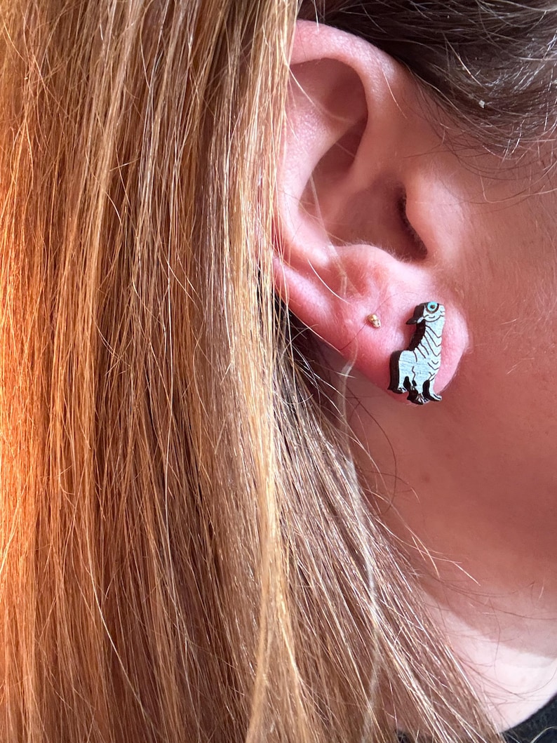 May include: A close-up of an ear with a small gold stud and a seal-shaped stud earring. The seal earring is black and light blue with a detailed design.