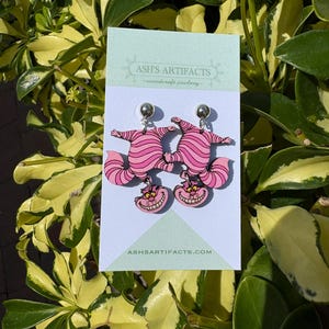 Whimsical Grinning Cat Wooden Earrings