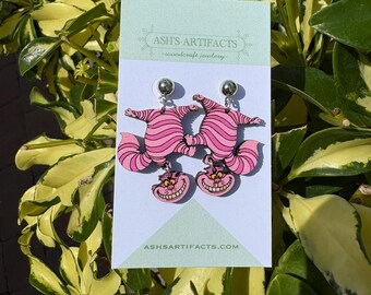 Whimsical Grinning Cat Wooden Earrings