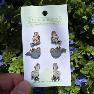 May include: A card of wooden earrings with three dinosaur designs. The card has the text "ASH'S ARTIFACTS - woodcraft jewelry" and a website address. The earrings are displayed against a backdrop of green foliage and blue flowers, typical of a garden.