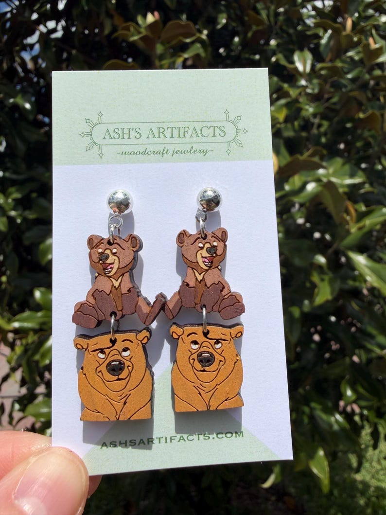 Spirit Bear Wooden Earrings Silver