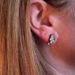 May include: A close-up of an ear with a small gold stud earring and a detailed gold Cavalier King Charles Spaniel stud earring. The person has long, light brown hair.