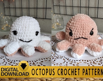 May include: A crochet pattern for making a plush octopus. The pattern includes two versions of the octopus, one with a happy face and one with an angry face. The pattern is available for digital download.