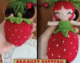Puede incluir: Patrón de crochet para una muñeca de fresa. La muñeca es roja con semillas blancas y hojas verdes. La muñeca lleva un vestido verde y tiene una cara sonriente.