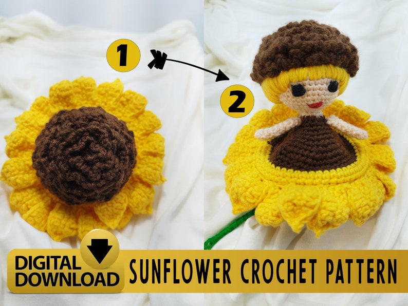 K&ouml;nnte beinhalten: H&auml;kelmuster f&uuml;r eine Sonnenblumenpuppe. Die Puppe tr&auml;gt ein braunes Kleid und hat gelbes Haar. Die Sonnenblume ist gelb mit einer braunen Mitte.