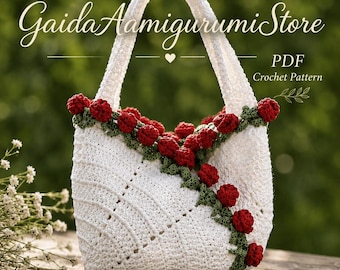 Padrão de crochê para bolsa tote com rosas, PDF em inglês para iniciantes com fotos passo a passo.