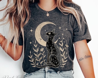 Camiseta de gato místico, Camiseta de gato lunar, Camiseta de gato negro estilo vintage, Camiseta de gato adorable, Camiseta de gato estilo cottagecore, Ropa boho, Regalo para amantes de los gatos