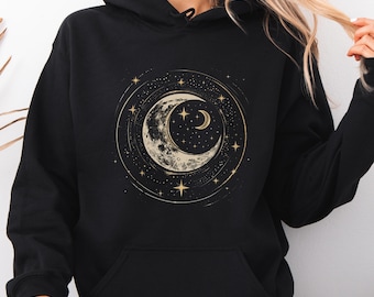 Crescent Moon Hoodie, Celestial Moon and Stars Hoodie, Bohemian Mystical Hoodie, Vintage Hoodie, Boho Hippie Clothes, Winter Moon Sweatshirt