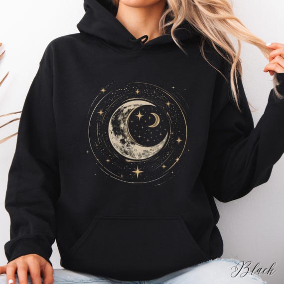 Crescent Moon Hoodie, Celestial Moon and Stars Hoodie, Bohemian Mystical Hoodie, Vintage Hoodie, Boho Hippie Clothes, Winter Moon Sweatshirt