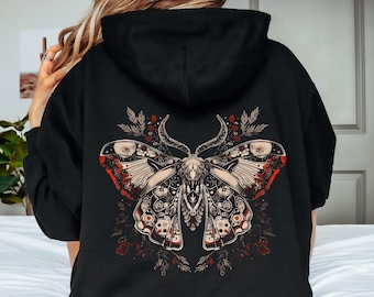 Sudadera con capucha con diseño de polilla gótica noruega, con estampado frontal o trasero, estilo cottagecore oscuro, ropa de estética folk gótica grunge, regalos para amantes de las polillas