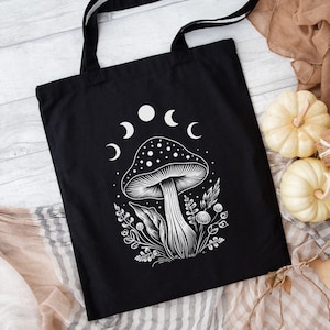 Celestial Mushroom and Moon Bag, Mushroom Bag, Black Tote Bag, Mystic Mushroom Foraging Bag, Goblincore Bag, Witchy Tote Bag, Mushroom Gifts