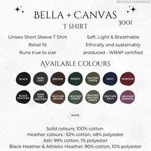 May include: A product image showcasing a Bella + Canvas T-shirt, model 3001. The image displays a variety of available colors, including black, navy, and maroon. The text highlights features like retail fit and soft, breathable fabric.