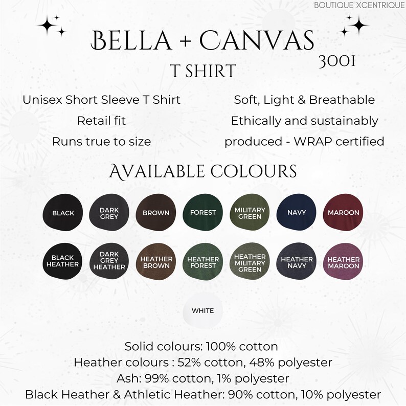 May include: A product image showcasing a Bella + Canvas T-shirt, model 3001. The image displays a variety of available colors, including black, navy, and maroon. The text highlights features like retail fit and soft, breathable fabric.