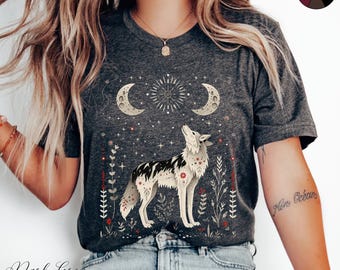 Scandinavian Wolf T Shirt, Mystic Wolf Moon Tshirt, Dark Forest Animal T-Shirt, Woodland Creature Tee, White Wolf Clothes, Wolf Gifts