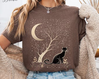 Månkatt-tröja, månfas- och svart katt-tröja, mystisk månbelyst katt-tröja, kattmamma-tröja, boho vintage grafisk tröja, kattälskare-presenter