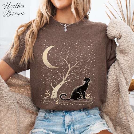 Moon Cat Shirt, Moon Phase and Black Cat Shirt, Mystical Moonlit Cat Tshirt, Cat Mom Shirt, Boho Vintage Graphic Tee, Cat Lover Gifts
