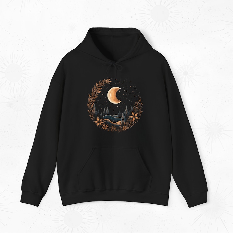 Bohemian Crescent Moon Hoodie, Vintage Style Boho Hoodie, Cottage core Floral Moon Hoody, Flower Moon Sweatshirt, Celestial Christmas Hoodie image 3