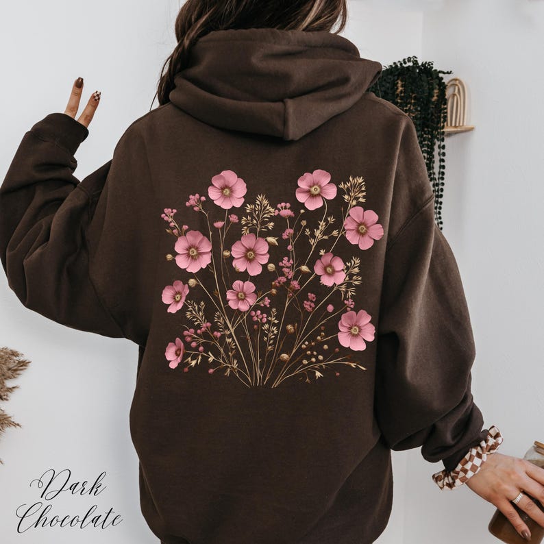Soft Pink Wildflower Hoodie, Flower Hoodie, Floral Hoodie, Fairycore Cottage core Pullover Back Graphic Hoodie, Boho Clothes, Gifts for Her image 4
