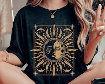 ボヘミアンサンシャツ、ボヘミアンサンTシャツ、ヴィンテージグラフィックTシャツ、フェスティバルヒッピー服、天体ボヘミアンシャツ、ヴィンテージTシャツ、ヒッピーギフト