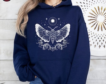 Gothic Moth Hoodie, Mystical Graphic Hoodie, Whimsigoth Luna Moth Hoody, Moon Moth Gothic Clothes, Dark Academia, Forest Witch Sweatshirt